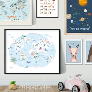 May include: A set of colorful educational posters for children. The posters feature a world map with animals, an alphabet chart, a solar system, and two posters with animal illustrations and the text "Be Kind".