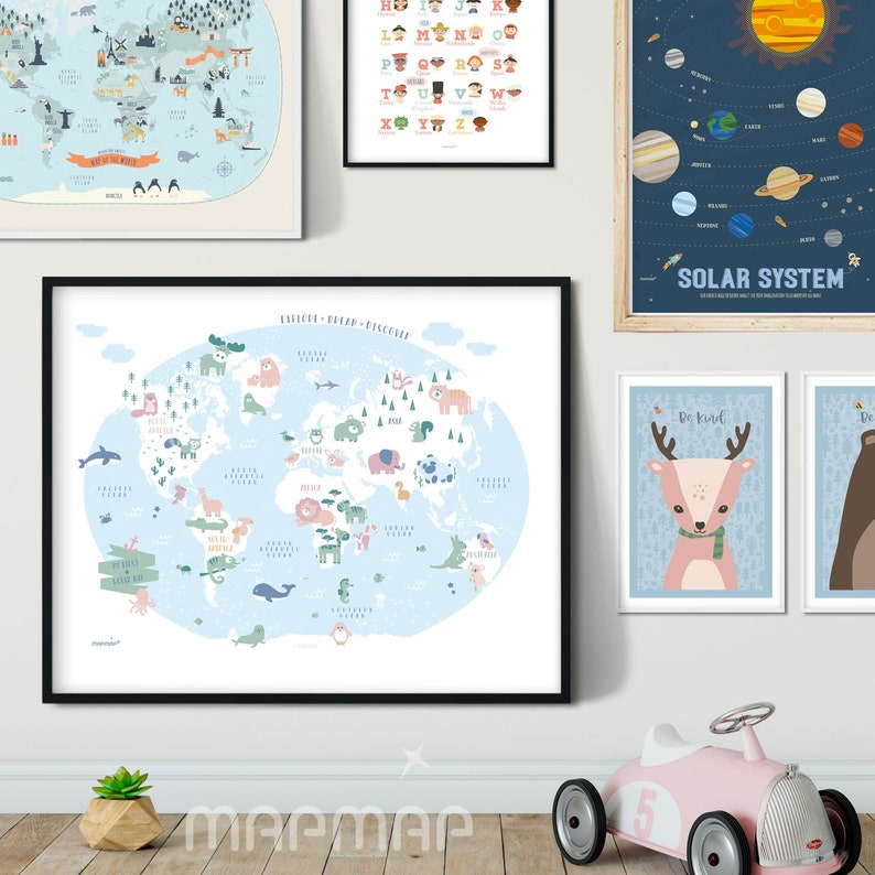 May include: A set of colorful educational posters for children. The posters feature a world map with animals, an alphabet chart, a solar system, and two posters with animal illustrations and the text "Be Kind".