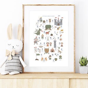 Könnte beinhalten: Ein gerahmter Druck mit einem Ritter-Alphabet. Jeder Buchstabe ist mit einem entsprechenden Bild illustriert, wie z. B. einer Burg, einem Drachen und einem Ritter. Der Druck wird auf einer Holzoberfläche neben einem Stoffhasen und einer kleinen Topfpflanze präsentiert.
