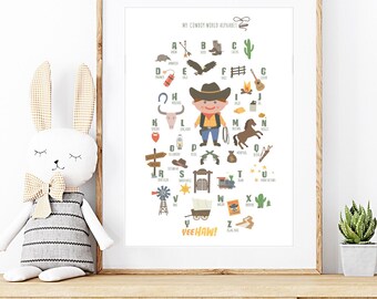 ABC Cowboy world alphabet - PRINTABLE, Western Nursery Wall Art, Cowboy ABC Nursery Decor, boys bedroom decor, Instant download