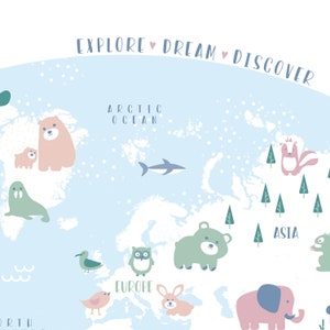 May include: A blue and white illustrated world map with the text "Explore Dream Discover" at the top. The map features various animals and the names of continents, including "Arctic Ocean", "Europe", and "Asia".