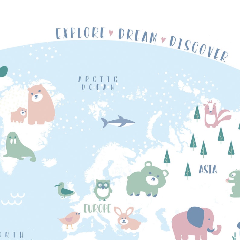 May include: A blue and white illustrated world map with the text "Explore Dream Discover" at the top. The map features various animals and the names of continents, including "Arctic Ocean", "Europe", and "Asia".