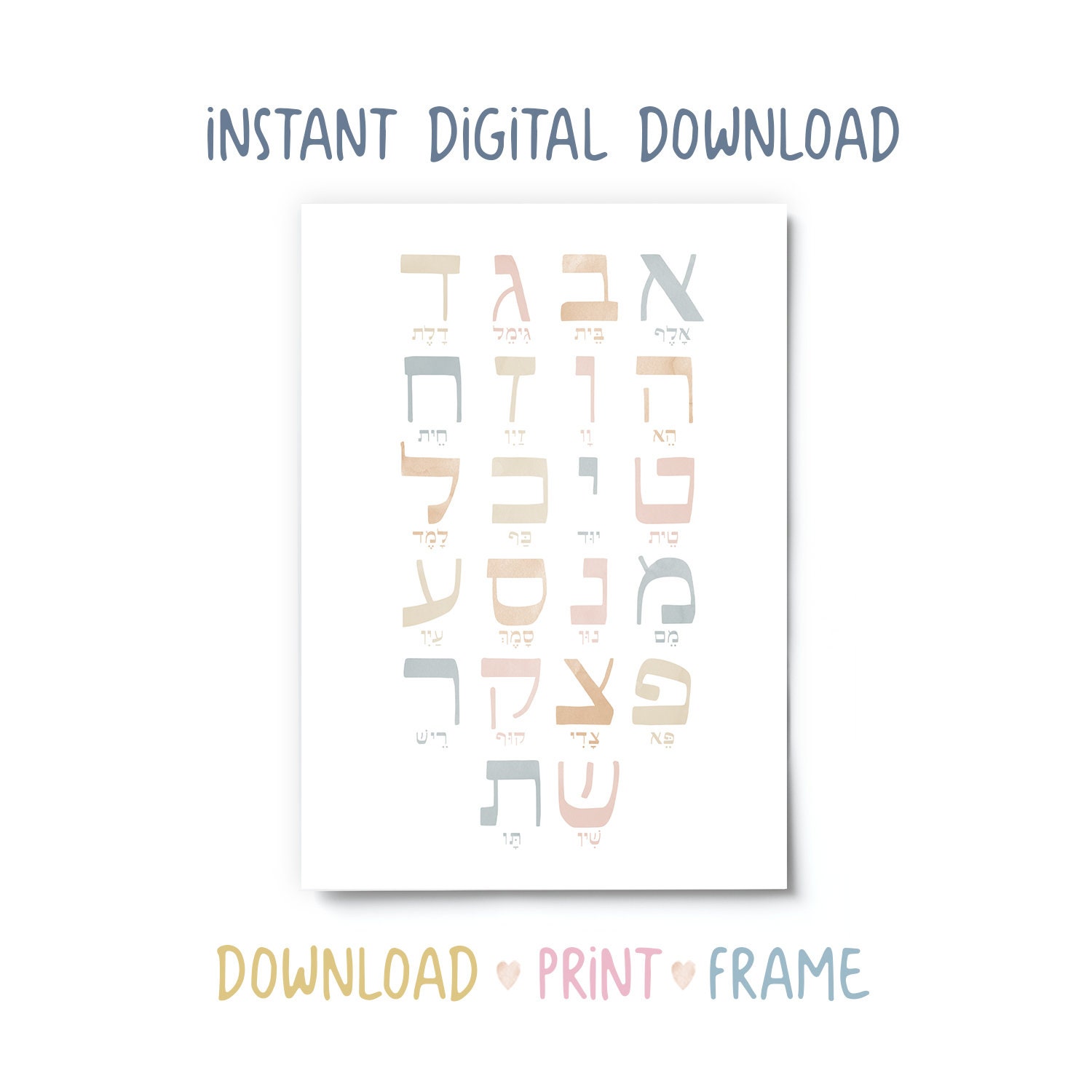 Hebrew Alphabet PRINTABLE, Alef Bet Letters With Names and Nikud