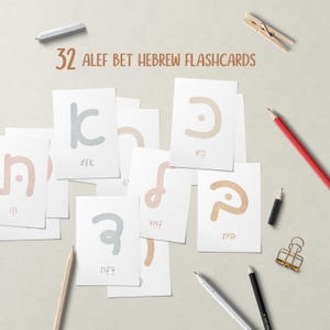 Puede incluir: Un conjunto de 32 tarjetas didácticas de Alef Bet hebreo, cada una con una letra diferente en colores pastel suaves. Las tarjetas están dispuestas sobre una superficie neutra, acompañadas de lápices y un clip para encuadernar. Se muestra el texto "32 ALEF BET HEBREW FLASHCARDS".