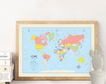 World Map Poster Happy illustrated world map, Travel Gifts World Map, Best gifts, perfect gift for Anniversary, Birthday, Wedding, children
