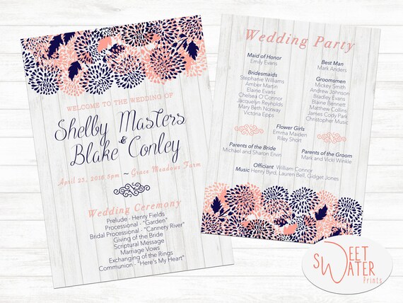 Navy And Coral Wedding Program Stationary Barn Wedding Etsy
