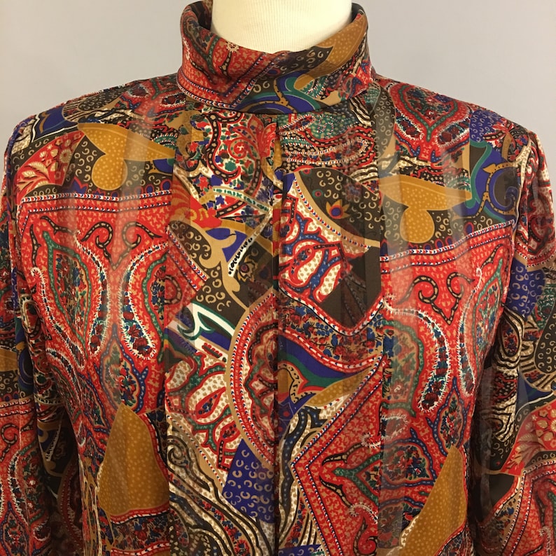 Vintage 1980s Nicola Brown Multi Color Floral Secretary Blouse Size 8 BL009
