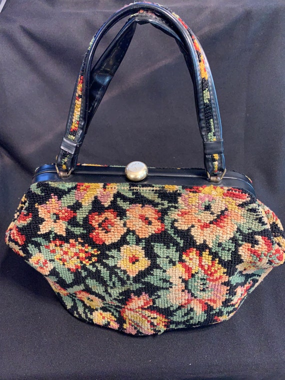 Vintage 50’s Floral Black Tapestry Needlepoint Pur