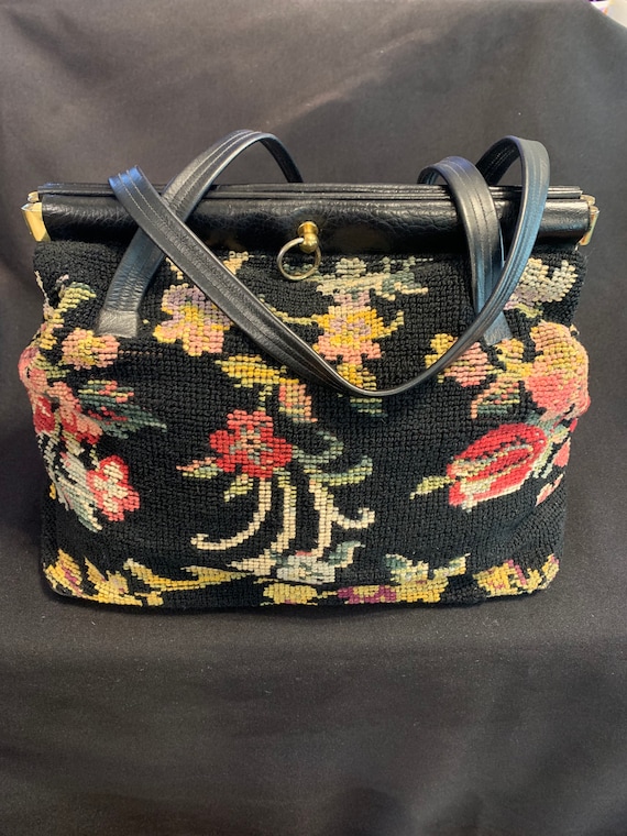 Vintage 50’s Large Black Tapestry Needlepoint Flor