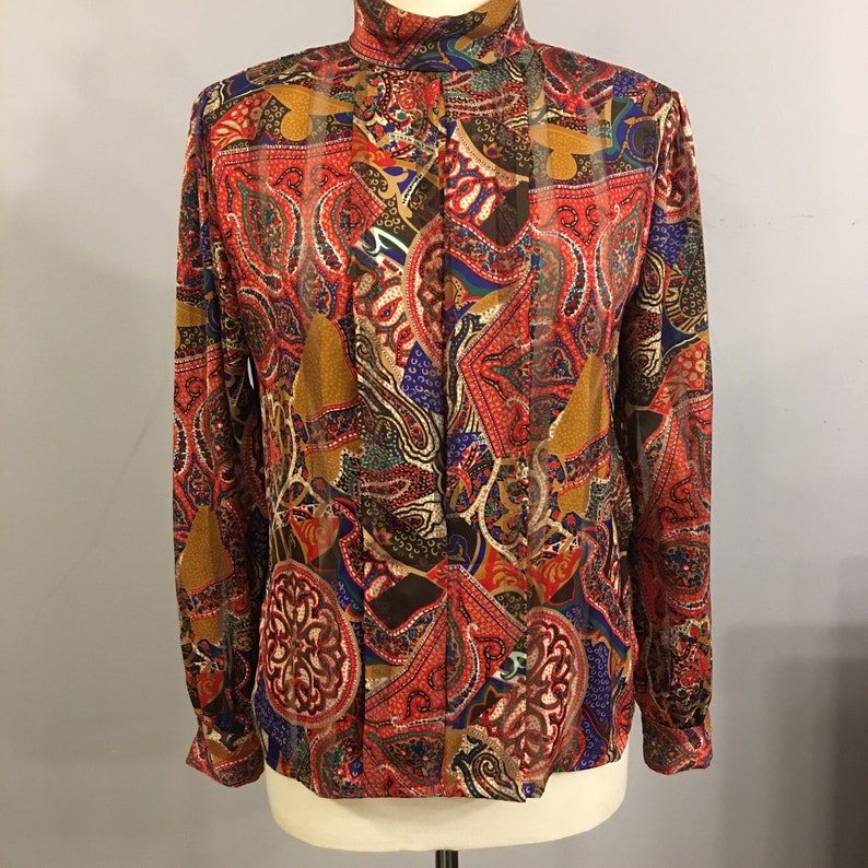 Vintage 1980s Nicola Brown Multi Color Floral Secretary Blouse Size 8 BL009