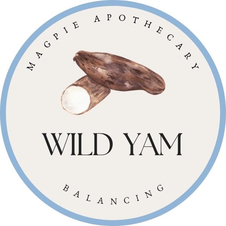 Puede incluir: Un c&iacute;rculo azul claro con el texto "MAGPIE APOTHECARY" alrededor del borde. En el centro hay una ilustraci&oacute;n de acuarela de un &ntilde;ame silvestre, con el texto "WILD YAM" y "BALANCING" debajo de la imagen.