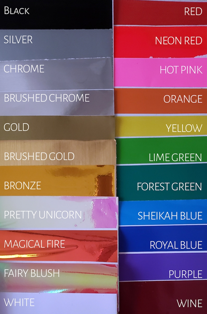 May include: A color chart with 12 different colors, including black, silver, chrome, brushed chrome, gold, brushed gold, bronze, pretty unicorn, magical fire, fairy blush, white, and wine. The colors are arranged in two columns, with the names of the colors printed below each swatch.