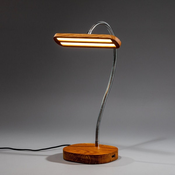 Lámpara LED de escritorio Lámpara de mesa/Cargador USB/Cuello de ganso flexible/Diseño de loft minimalista moderno/Atenuador táctil/Decoración de madera para el hogar/Lámpara de estudio para niños