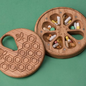 Wooden Pill Box 7 Day Pill Case Organizer Wooden Decorative Travel Weekly Pill Box / Honecomb & Bees / Pill Container /round box Oak wood