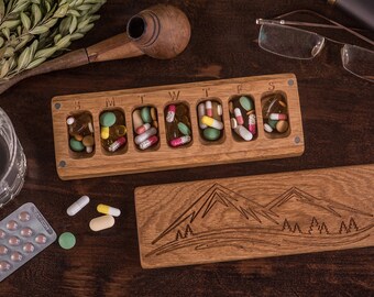 Pill Box 7 Day / Pill Case Organizer Decorative Travel Pill Box / Decorative Ornament / Mountains / Pill Container /