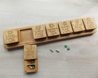Pill Box 7 Day Night AM PM 2 times day  Modular wall box/Decorative Travel Pill Box/Natural type of wood/Pill Container/Organizer/Pill Case