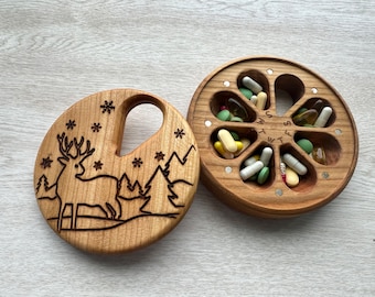 Wooden 7 Day Pill Box: Magnetic Travel Pill Organizer, Engraved Option