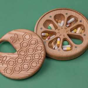 Wooden Pill Box 7 Day Pill Case Organizer Wooden Decorative Travel Weekly Pill Box / Honecomb & Bees / Pill Container /round box Ash wood