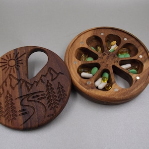 Wooden Pill Box 7 Day / Decorative Travel Pill Box / Nature Ornament / mountains with the sun / Pill Container / Organizer / round Pill Case