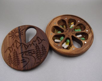 Wooden Pill Box 7 Day / Decorative Travel Pill Box / Nature Ornament / mountains with the sun / Pill Container / Organizer / round Pill Case