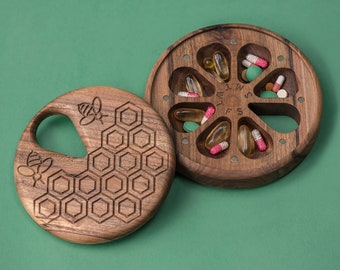 Wooden Pill Box 7 Day  Pill Case Organizer Wooden Decorative Travel Weekly Pill Box / Honecomb & Bees / Pill Container /round box