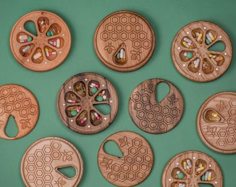 Wooden 7-Day Pill Box: Round Weekly Organizer with Honeycomb & Bees