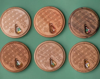 7 Day Wooden Pill Box: Honeycomb & Bees Travel Organizer
