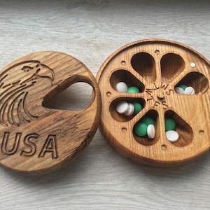 Wooden Pill Box 7 Day / Decorative Travel Pill Box / Decorative Ornament / USA Eagle / Pill Container / Organizer / round Pill Case