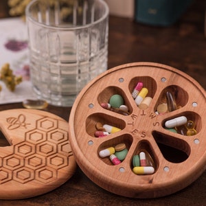 Wooden Pill Box 7 Day Pill Case Organizer Wooden Decorative Travel Weekly Pill Box / Honecomb & Bees / Pill Container /round box image 3