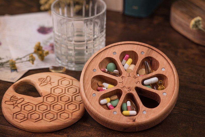 Wooden Pill Box 7 Day Pill Case Organizer Wooden Decorative Travel Weekly Pill Box / Honecomb & Bees / Pill Container /round box image 3