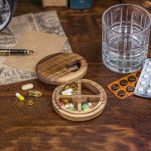 Pill box 3 DOSES a Day Night / travel pill case/daily pill box /portable pill box/ small mini pill box / travel pill organizer Natural wood