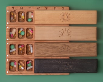 Pill Box 7 Day Night 4 times day Wooden Travel Large Weekly Pill Box / /morning lunch evening/Pill Container/Organizer /Pill Case