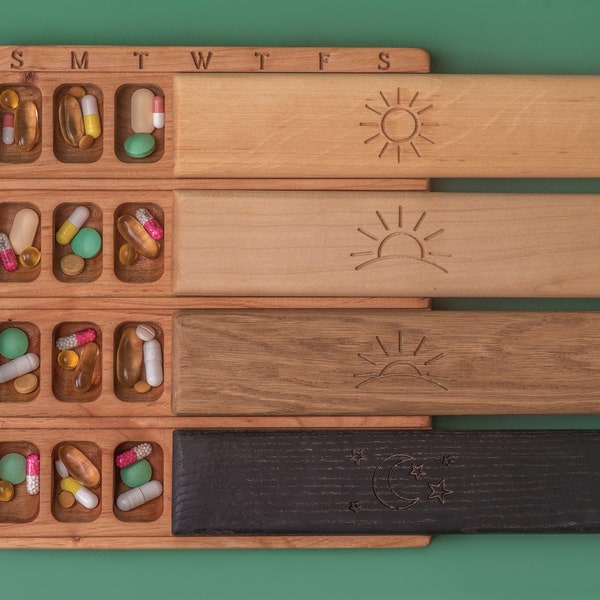 Pill Box 7 Day Night 4 times day Wooden Travel Large Weekly Pill Box / /morning lunch evening/Pill Container/Organizer /Pill Case