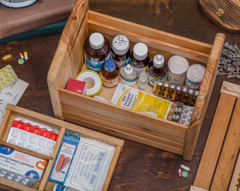 Medicine-pharmacy box Two-section /Large medicine box /homemade wooden pharmacy box /Pill Container/Organizer/Pill Case