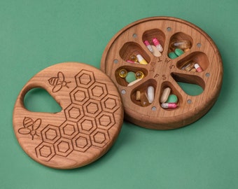 PILL BOX Organizer 7 Day Pill 7 day Weekly Pill Box Case Wooden Decorative Travel / Nature Ornament/Honecomb&Bees /Pill Container /round box