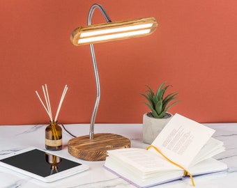 Wooden LED Desk Lamp: Touch Dimmer, USB Charger, Flexible Goose Neck