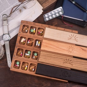 Pill Box 7 Day Night 4 times day Wooden Travel Large Weekly Pill Box / /morning lunch evening/Pill Container/Organizer /Pill Case
