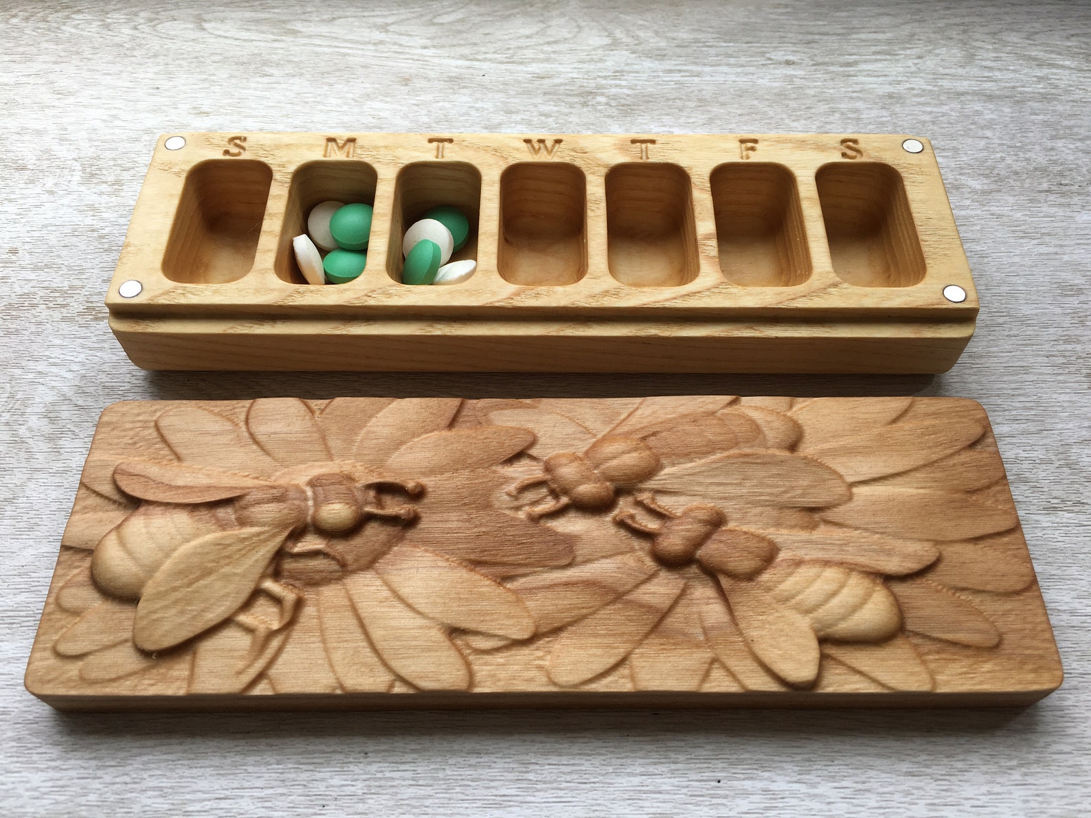 Wooden Pill Box 7 Day / Decorative Travel Pill Box / Relief Etsy