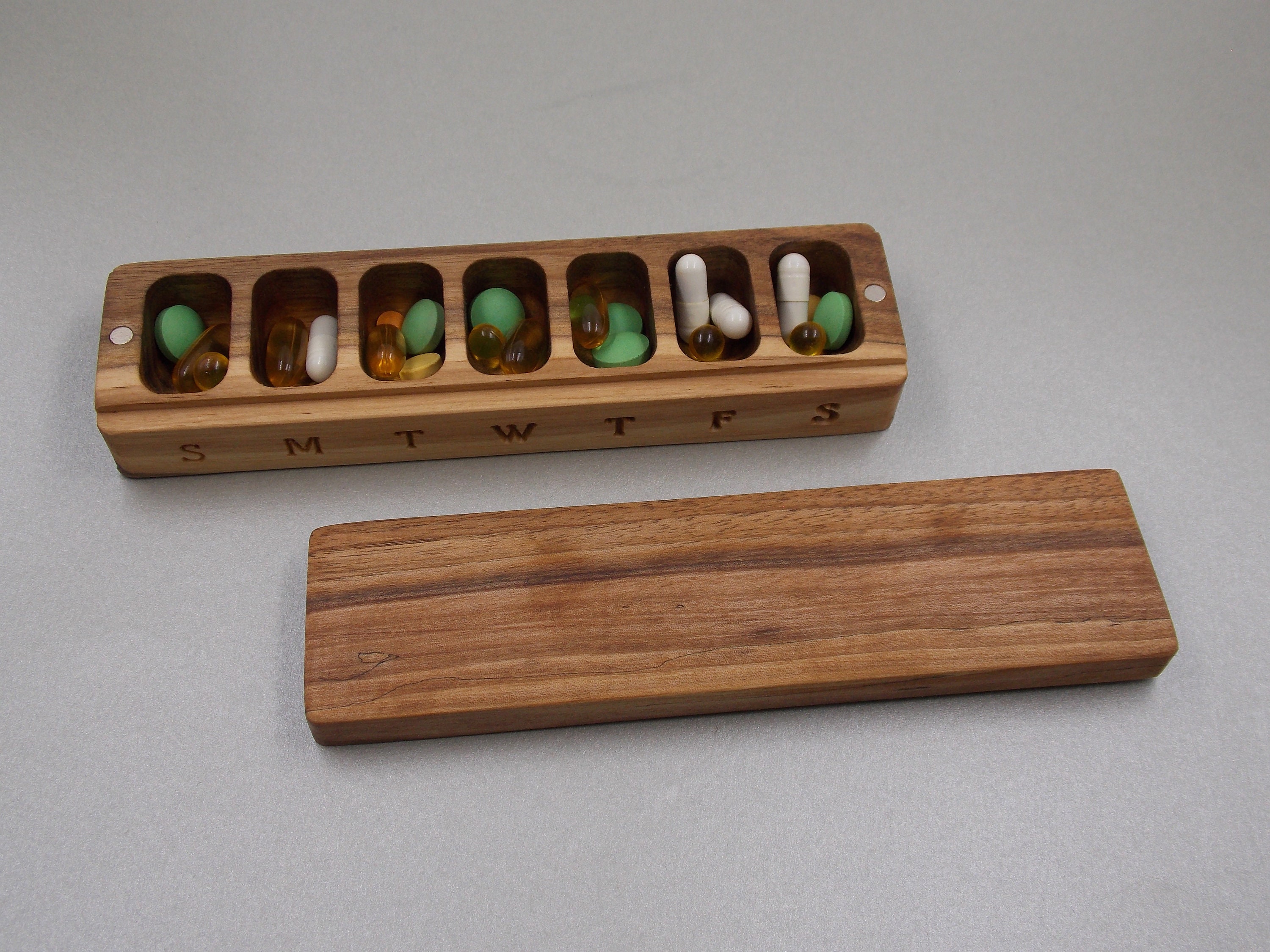 Handmade pill bottle organizer box - open view  Pill bottles, Organiser  box, Handcrafted wood