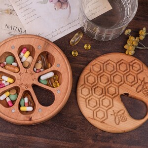 Wooden Pill Box 7 Day Pill Case Organizer Wooden Decorative Travel Weekly Pill Box / Honecomb & Bees / Pill Container /round box image 4