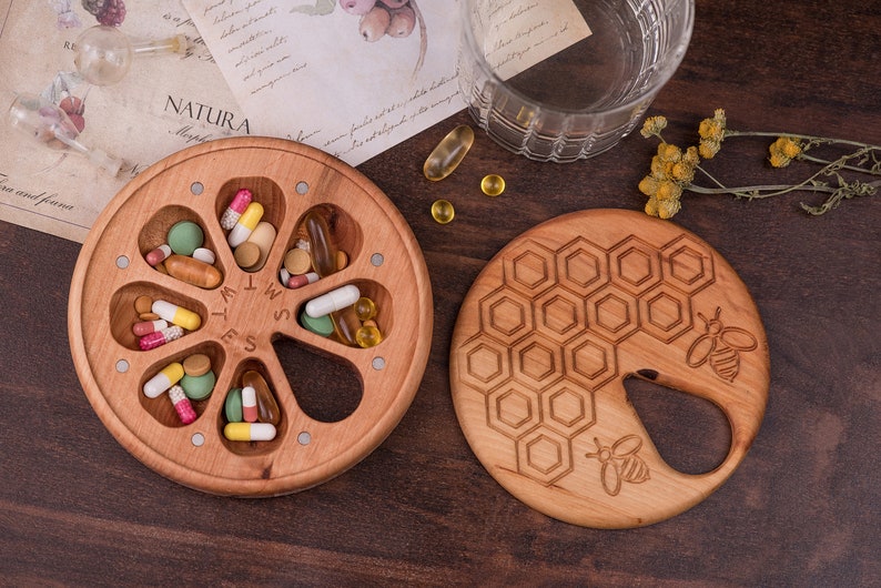 Wooden Pill Box 7 Day Pill Case Organizer Wooden Decorative Travel Weekly Pill Box / Honecomb & Bees / Pill Container /round box image 4