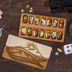 Pill Box 7 Day Night Pill Case Organizer Portable Travel / Sun mountains Moon / twice a day Pill Container / Mini Micro