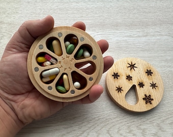 Wooden 7-Day Pill Box: Magnetic Lid, Travel Pill Organizer