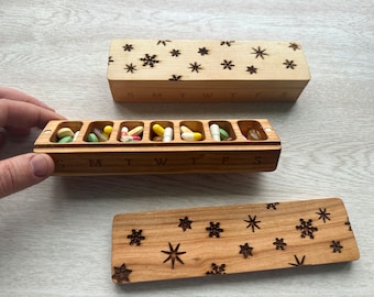 Wooden 7 Day Pill Box Organizer: Natural Wood Pill Case