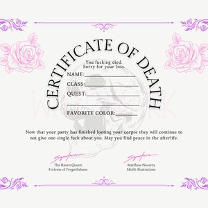 Certificado de Óbito DnD | Dungeons and Dragons 5e | Você morreu. Sinto muito pela sua perda. | Ideia engraçada de presente para jogadores adultos misfitillustrations