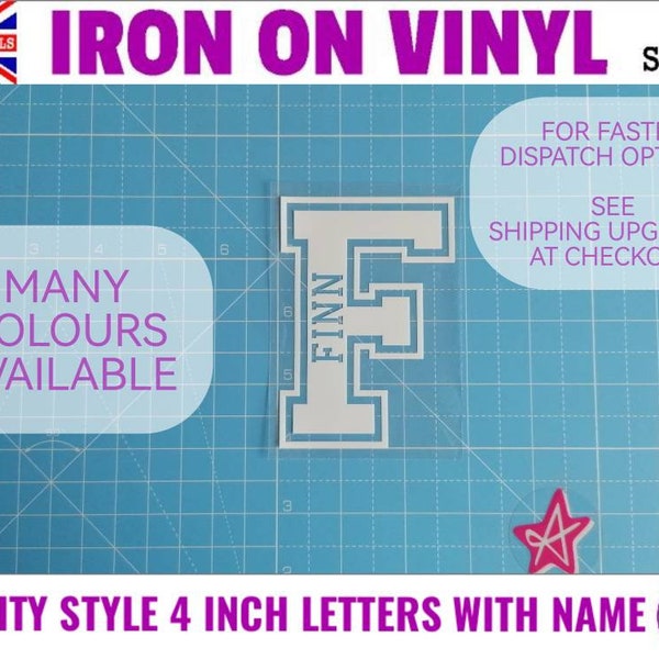 Personalised iron on varsity style initial with name vinyl transfer | Letter A Vinyls | UK seller