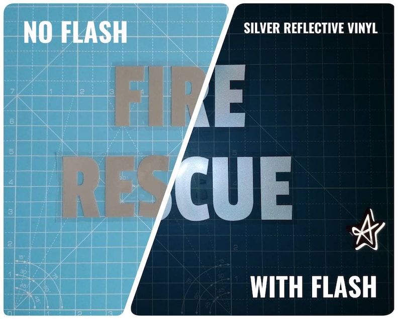 May include: A side-by-side comparison of the same "FIRE RESCUE" lettering in two different finishes. The left side shows the lettering in a matte finish with no flash. The right side shows the lettering in a silver reflective vinyl with a flash. The text "SILVER REFLECTIVE VINYL" is above the lettering on the right side. The text "WITH FLASH" is below the lettering on the right side.