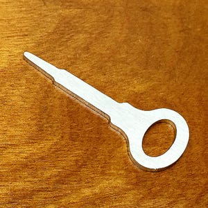 Può includere: Un utensile piatto in metallo color argento con una punta affusolata e un'impugnatura ad anello circolare. L'oggetto presenta una finitura metallica spazzolata liscia e una forma allungata distinta per operazioni manuali o compiti tecnici.