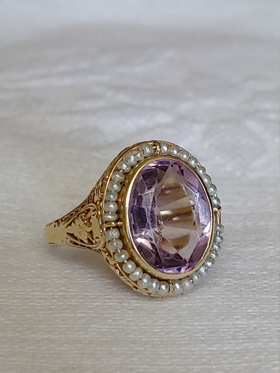 Vintage Amethyst & Seed Pearl Ring - image 1