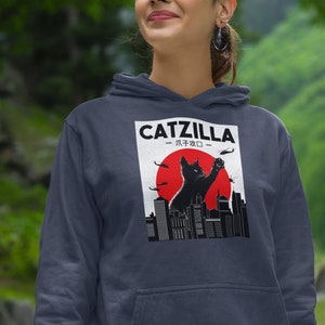 Funny Cat Hoodie, Catzilla Hooded Sweatshirt, Cat Lover Hoodie, Cat Mom Gift, Womens Cat Apparel